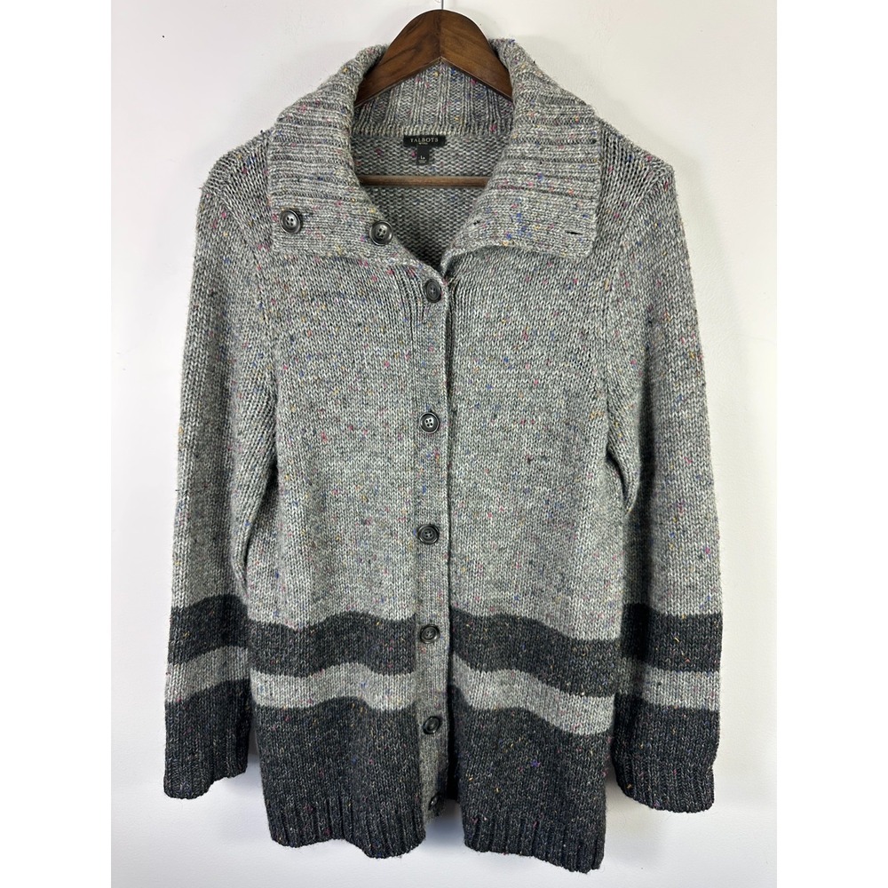 Talbots Long Line Cardigan Sweater Womens Large Petite Gray Colorful Flecks Warm